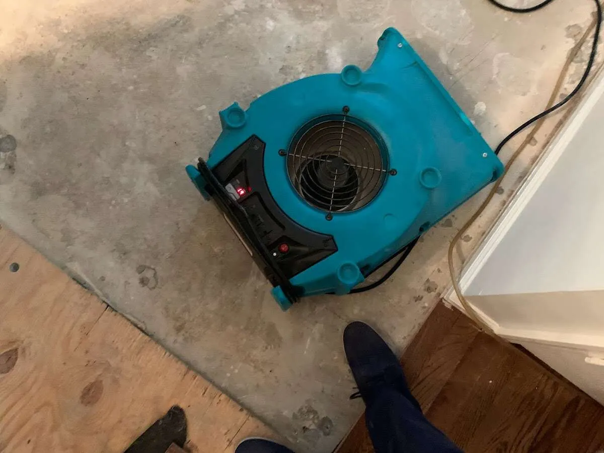 Air mover drying subfloor during Leak Detection & Repair in Tisbury